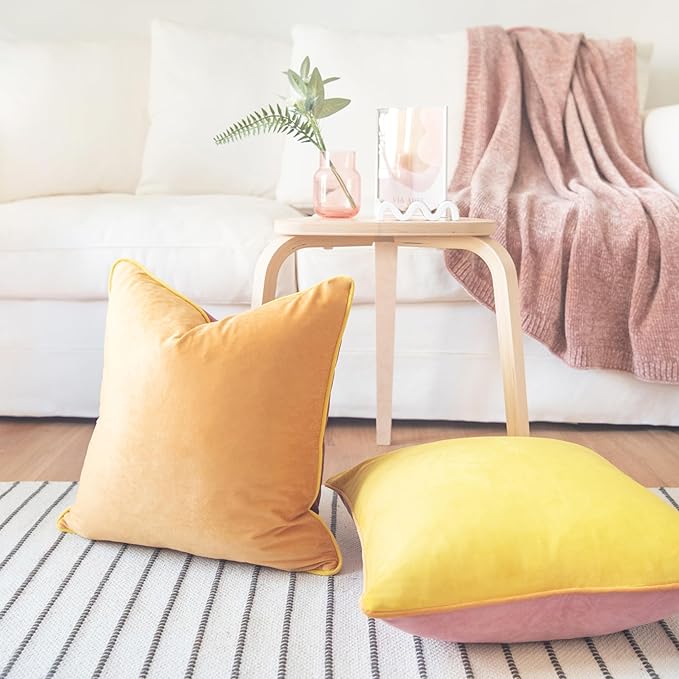 MONDAY MOOSE Decorative Throw Pillow Covers Cushion Cases, Set of 2 Soft Velvet Modern Double-Sided Designs, Mix and Match for Home Decor, Pillow Inserts Not Included (18x18 inch, Yellow/Pink)