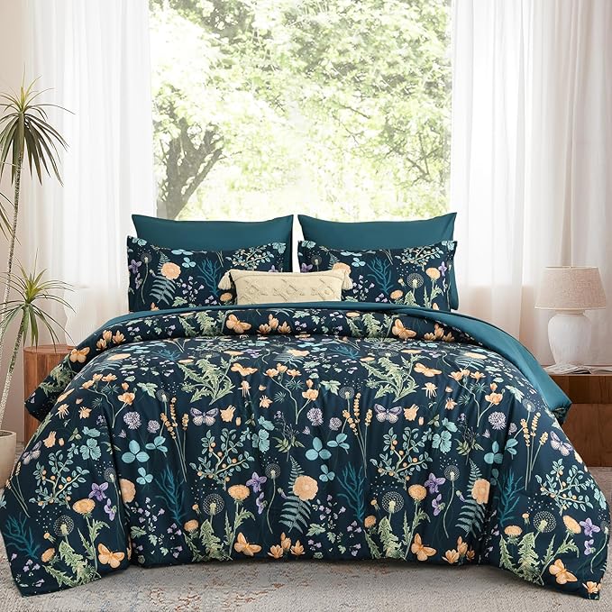 Yiran Blue Twin Comforter Set with Sheets, 6 Piece Floral Bed in a Bag with Botanical Flowers Patterns, Botanical Bedding Set, Soft Microfiber Complete Bedding Set with Sheets for All Season
