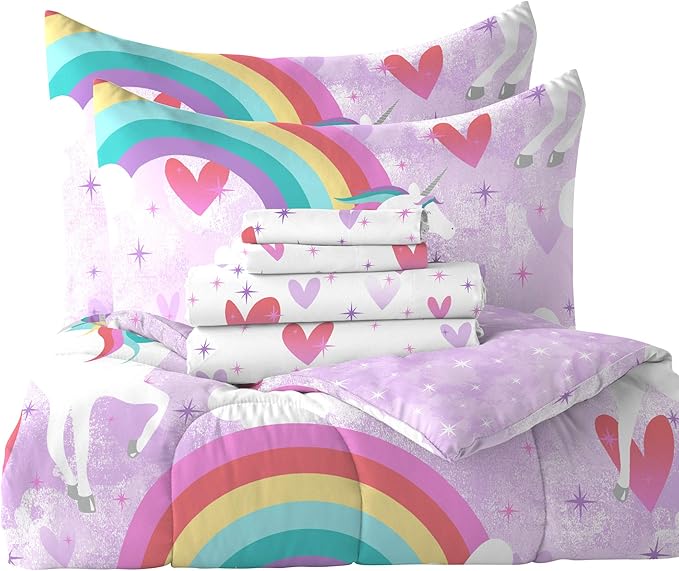 dream FACTORY Kids 7-Piece Complete Set Easy-Wash Super Soft Microfiber Comforter Bedding, Full, Purple Unicorn Rainbow