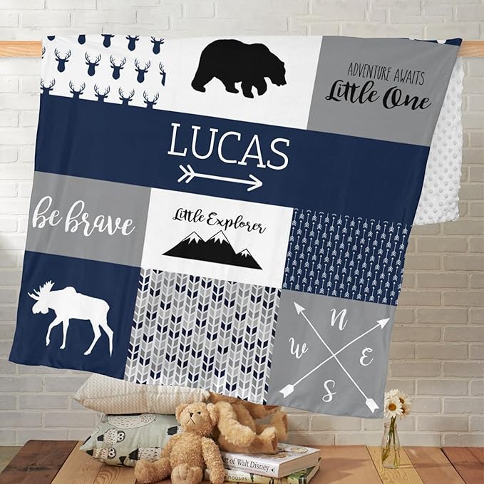 Personalized Baby Blanket, Blue Woodland Baby Blankets for Boys, Super Soft Nursery Blankets with Cotton Front and Dotted Fleece Backing, Printed Bed Throws Newborn