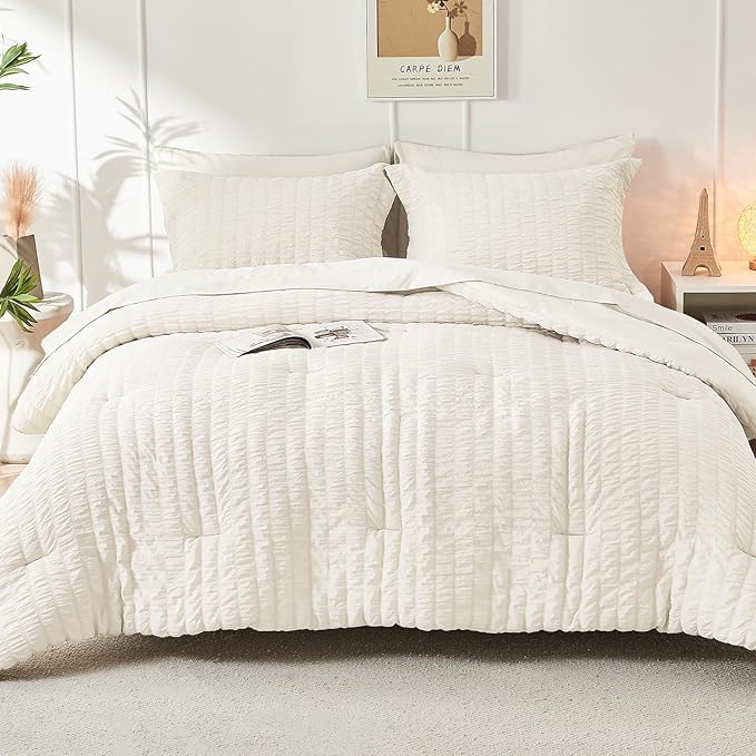 HYMOKEGE Ivory Twin Comforter Set Seersucker 5 Pieces, All Season Luxury Bed in a Bag for Bedroom, Bedding Set with Comforters, Sheets, Pillowcase & Shams