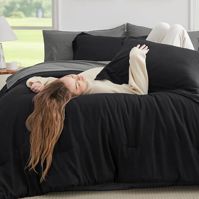 Bedsure Twin Comforter Set - 5 Pieces Black Twin Bedding Set for All Seasons, Boho Contrasting Design Bed in a Bag with Comforter, Sheets, Pillowcase & Sham