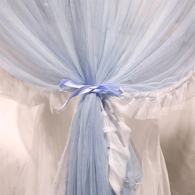 VETHIN 4 Corners Post Ruffle Princess Bed Canopy Curtain-Double Layer Cozy Drape Netting 4 Opening Mosquito Net for Girls Adults Bedroom Decoration (Gray/White,59" W*82" L*82"*H/Queen)
