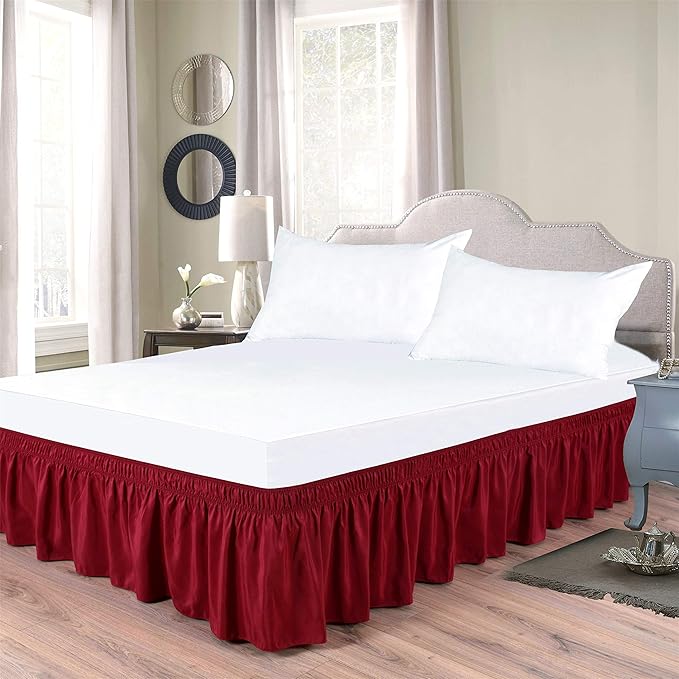Bed Skirt - Wrap Around Bed Skirts Elastic Dust Ruffles, Easy Fit Wrinkle and Fade Resistant Luxurious Fabric Solid Color, Red King XL Size Beds 15 Inch Drop
