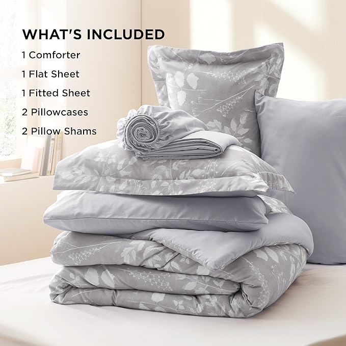 Bedsure Full Size Comforter Set - 7 Pieces Floral Grey Soft Bedding Sets, Full Bed in a Bag with Botanical Flowers Comforter, Sheets, Pillowcases & Shams