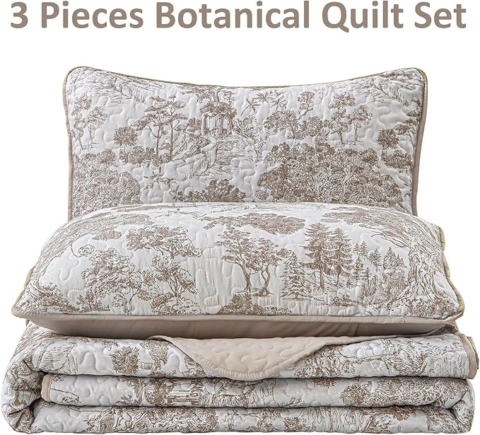 WONGS BEDDING Botanical Quilt Set California King Size, Khaki 3 Pieces Toile Floral Plants Printed Bedspread Bedding Set Soft Lightweight Microfiber Coverlet Set for All Season (112"×96")