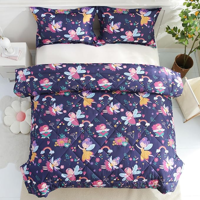 JSD Fairy Kids Comforter Set Full Size, 3 Piece Girls Floral Printed Microfiber Bedding Set, Machine Washable