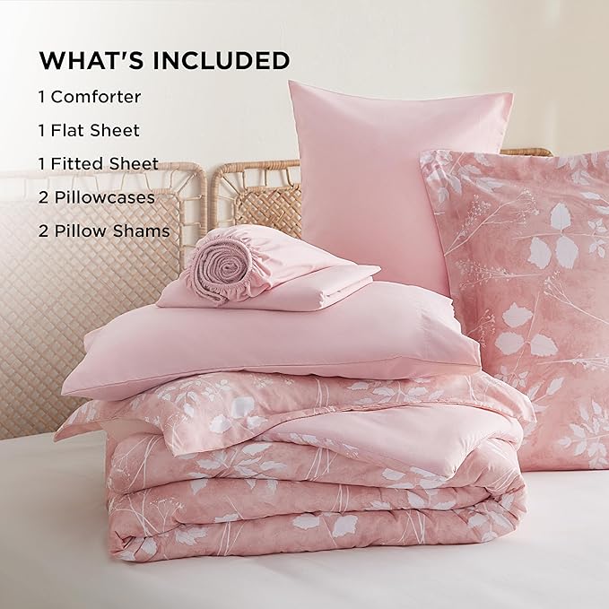 Bedsure Queen Comforter Set - 7 Pieces Floral Pink Soft Bedding Sets, Queen Bed in a Bag with Botanical Flowers Comforter, Sheets, Pillowcases & Shams