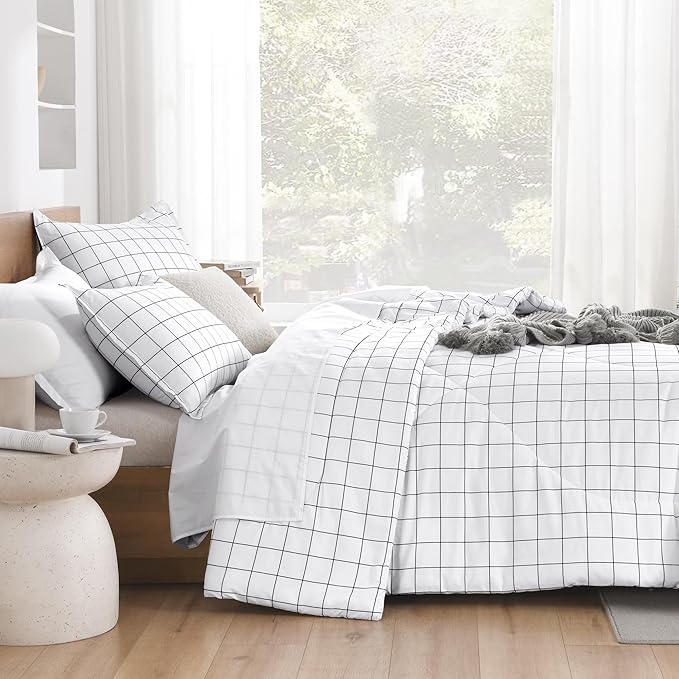 Andency Twin XL Comforter Set(68x92Inch), White Gingham Plaid Grid Checkered Bed Comforter Set for Dorm Boys Girls Kids Teens, 2 Pieces Lightweight Microfiber Geometric Bedding Set