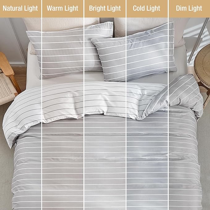 Lekesky Striped Duvet Cover King Size, Grey Striped King Duvet Cover Set, Soft Microfiber King Comforter Cover 3 Pieces Grey Bedding Sets with Zipper Ties & 2 Pillowcases 20"x36"