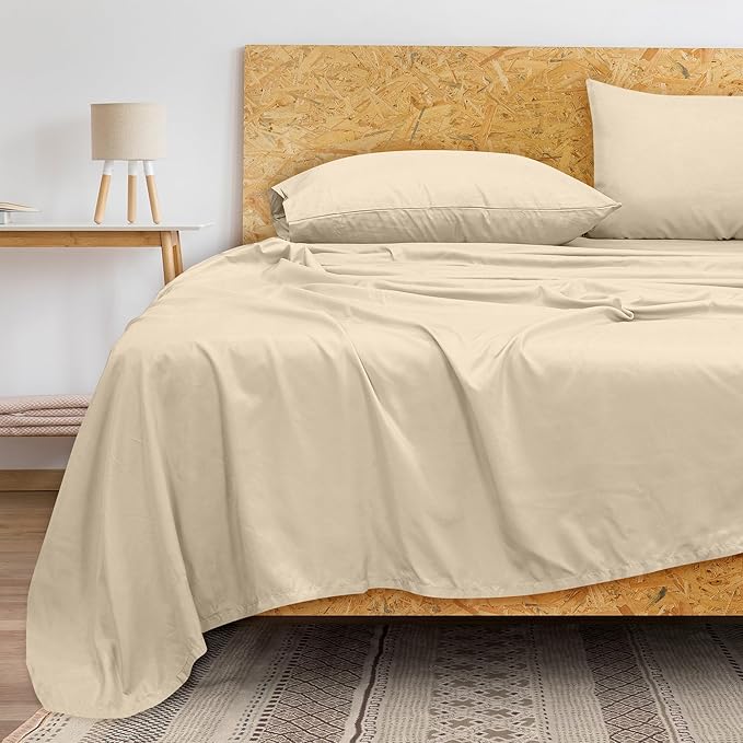 Royale Linens 300 Thread Count 100% Long Staple Combed Cotton Flat Sheet - Super Soft - Top Sheets - Full Flat Sheet Sold Separately - Breathable, Cool & Crisp Percale Sheets Only (Twin XL, Cream)