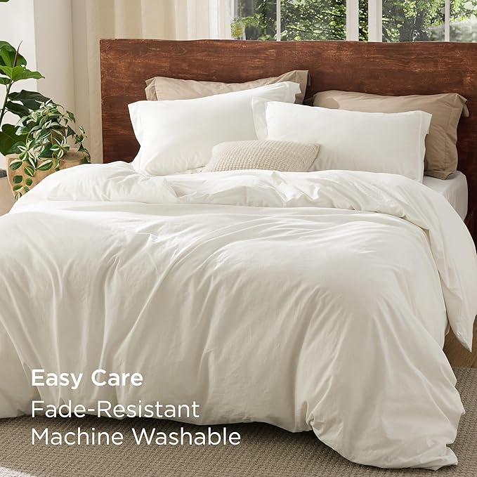 Bedsure 100% Washed Cotton Duvet Cover Twin Size - Ivory Minimalist Cotton Duvet Cover Linen Like for All Seasons - GentleSoft™ Plain Simple Bedding, 2 Pieces (Ivory, Twin, 68"x90")