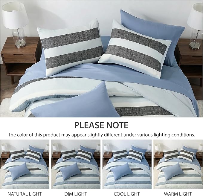 King Size Modern Striped Comforter Set, Lightiweight Soft Microfiber Bedding Sets for All Season 7 Pieces Bed in A Bag Set with Comforter, Sheets, Pillowcases & Shams, Navy Blue