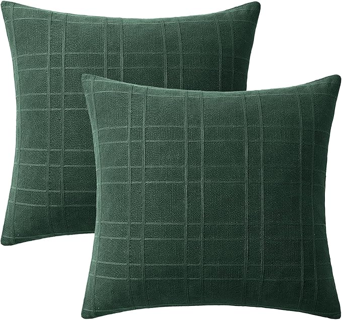MIULEE Decorative Linen Check Throw Pillow Covers Neutral Farmhouse Vintage Spring Pillow Covers 20x20 Set of 2 Boho Modern Home Decor for Sofa Couch Bedroom Cushion Dark Green