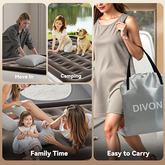 DIVON Queen Air Mattress with Built in Pump Raised, 2 Min Self Inflatable Mattress, 18’’ Blow up Mattress for Adults, 660 LBS Portable Air Bed for Guest, Camping, Travel & Floor, Brown