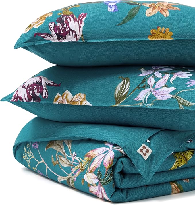 Bedsure 100% Cotton Reversible Chinoiserie Floral Duvet Cover Queen Size - Vintage Teal Bird Printed Comforter Cover with Zipper Closure & 2 Pillow Shams, No Comforter (Chinoiserie Teal 90"x90")