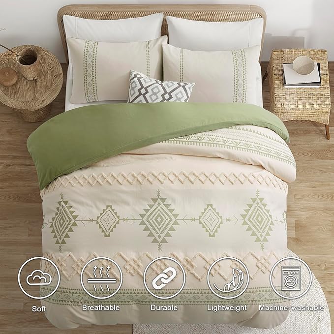 Oli Anderson Boho Duvet Cover Set Queen Size, Beige and Sage Green Color Clash 3 Pieces Microfiber Bedding Set, Durable and Super Soft Duvet Covers with Zipper and Ties, 90"*90"