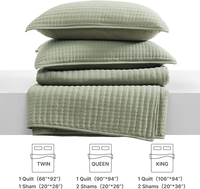 WRENSONGE Queen Quilt-3 Pieces Lightweight Bedspreads Sage Green Queen Size Quilt Bedding Set for All Seasons, Soft Summer Coverlet with 2 Pillow Shams Suitable for Bed, Couch