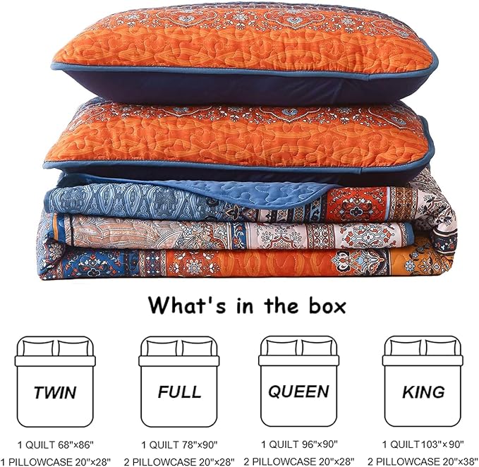 WONGS BEDDING Boho Fall Quilt Full Size, 3 Pieces Orange Blue Bohemian Lightweight Microfiber Bed Decor Bedspread for All Season 78"x90" (Blue Orange, Full)