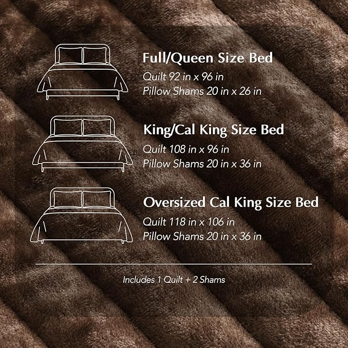 EVERGRACE Velvet Quilt Set Queen Size, Luxurious Soft Striped Channel Bedding Set, Lightweight Velvet Comforter for All Season, Oversized Bedspread Coverlet with 2 Matching Shams, Rust Brown