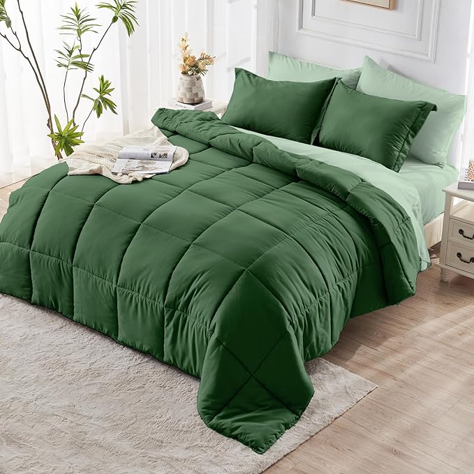 JOLLYVOGUE Twin Comforter Set, Ultra-Soft Bed in a Bag Twin Size 5 Pieces, Oeko-TEX Certified Bedding Set with Down Alternative Comforter, Sheets, Pillowcases & Shams, Dark Green & Light Green