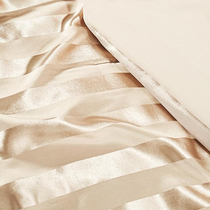 Whale Flotilla 3-Piece Reversible Silky Soft Queen Comforter Set, Luxury Stripe Satin Comforters Full Size Bedding Set with 2 Satin Pillowcases, Lightweight Duvet for All Seasons, Champagne