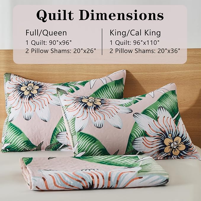 Yogeneg Queen Quilt Bedding Set,White Green Botanical Pattern Blush Full/Queen Quilt Set,3 Piece Lightweight Soft Summer Bedspread Coverlet with 2 PIillow Shams,All Season(Blush,90"x96")