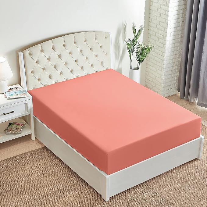 Mellanni Twin XL Fitted Sheet - Iconic Collection Bedding Sheets with up to 16 inch Deep Pocket - Soft & Cooling - Fade & Stain Resistant - 1 PC (Twin XL, Coral)