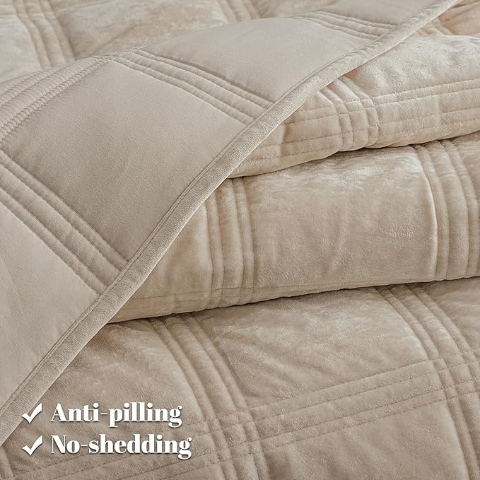 PHF Ultra Soft Velvet Quilt Set King Size – 3PCS Luxurious Cozy Quilted Comforter Alternative with Diamond Pattern, Warm Quilted Bedspread Coverlet, 108" x 92", Oxford Tan