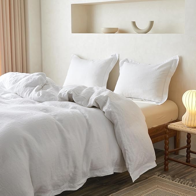 Simple&Opulence 100% Linen Duvet Cover Set with Crossed Embroidery Washed - 3 Pieces (1 Duvet Cover with 2 Pillow Shams) Soft Breathable Farmhouse - White, Queen Size
