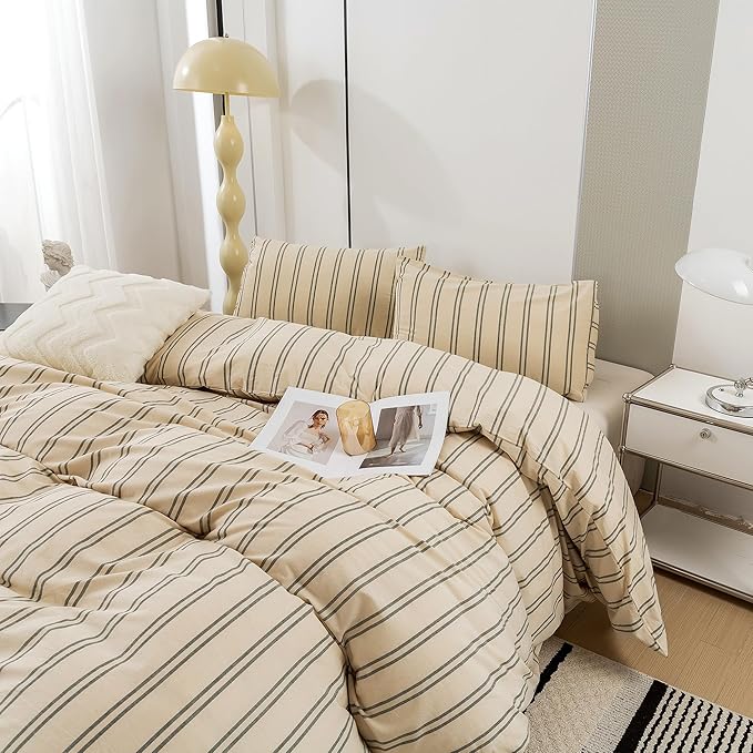 ECOCOTT Duvet Cover California King Size - Linen Feel Organic Natural 100% Washed Cotton, Soft Breathable & Durable Bedding Set, Comfy Stripe Design for All Seasons