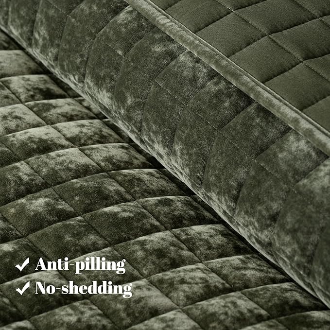 PHF Luxurious Velvet Quilt Set Queen Size – 3PCS Super Soft Quilted Comforter Alternative with Square-Box Quilt Pattern, Warm Quilted Bedspread Coverlet, 90" x 92", Smokey Olive
