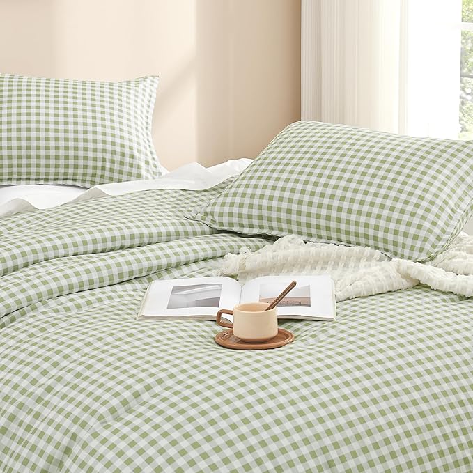 Andency Sage Gingham Comforter Set Queen(90x90Inch), Green Checkered Grid Plaid Buffalo Bed Set for Girls Boys Kids Teens, 3 Pieces Lightweight Microfiber Geometric Preppy Bedding