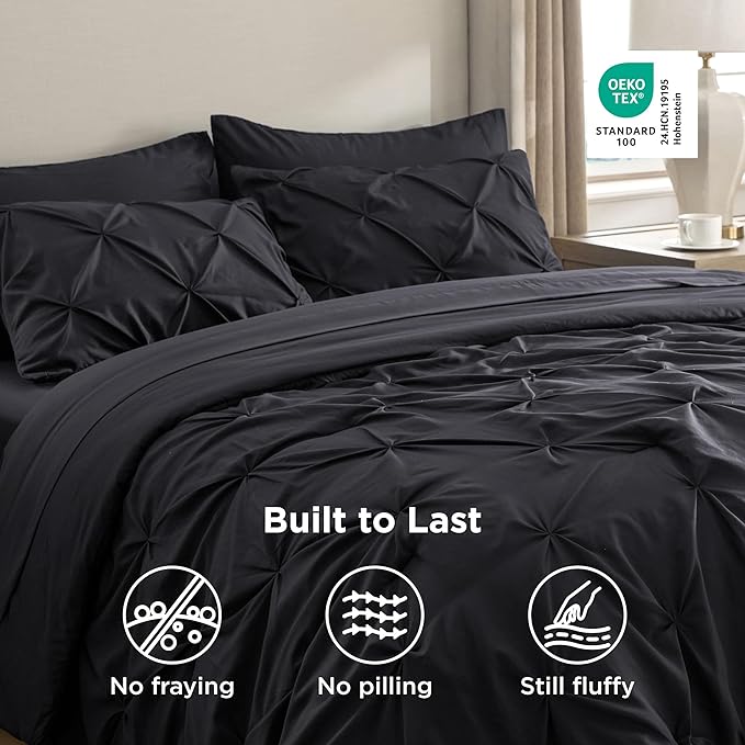 Bedsure Twin Comforter Set Black - Bed in a Bag Twin Size Bedding 5 Pieces, GentleSoft™ Pintuck Bed Set Gift for Family, Pinch Pleat Black Comforter with Sheets, Pillowcase & Sham