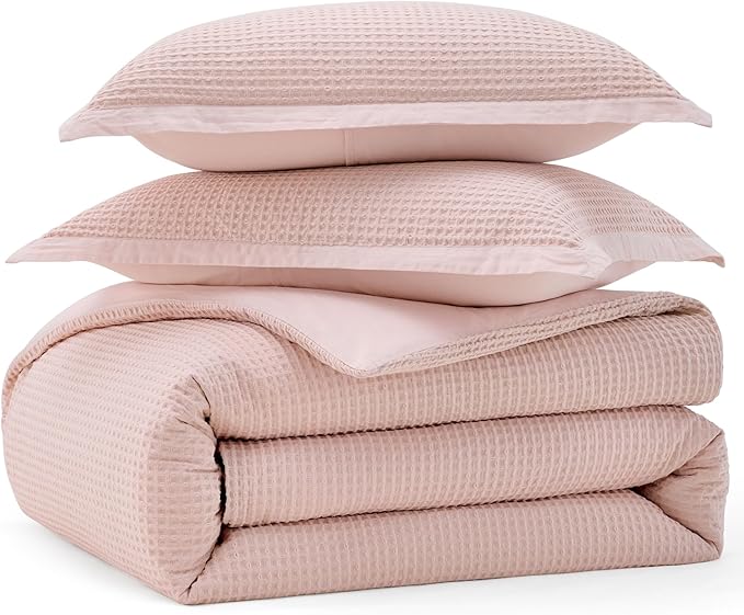 Bedsure Cotton Duvet Cover King - 100% Cotton Waffle Weave Pink Duvet Cover King Size, GentleSoft™ and Breathable Bedding Set for All Season, 3 Pieces, 104"x90"