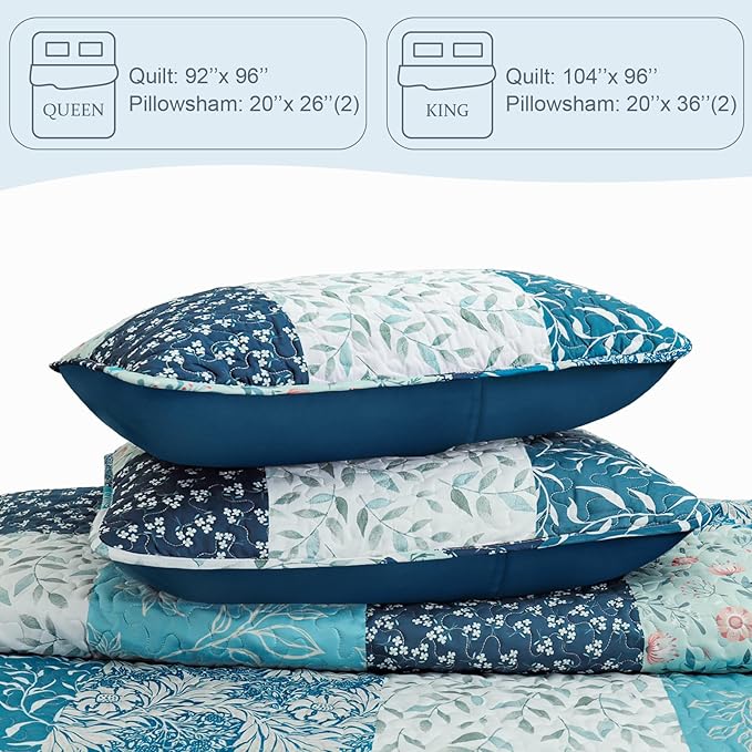 Exclusivo Mezcla Reversible Boho Quilts Queen Size, Navy Blue Bedspreads Lightweight Coverlet All Season Patchwork Quilt Bedding Set with Printed Floral Pattern (1 Quilt, 2 Pillow Shams)