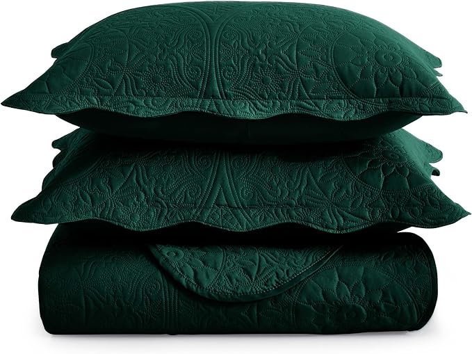 MOONLIGHT20015 King Quilt Bedding Set Size (106" x 96") + 2 Pillow Shams (20" x 36"+ 2") - 3 Pcs All Season Lightweight Reversible Quilt Bedspread Microfiber Floral Embossed Coverlet (Emerald)