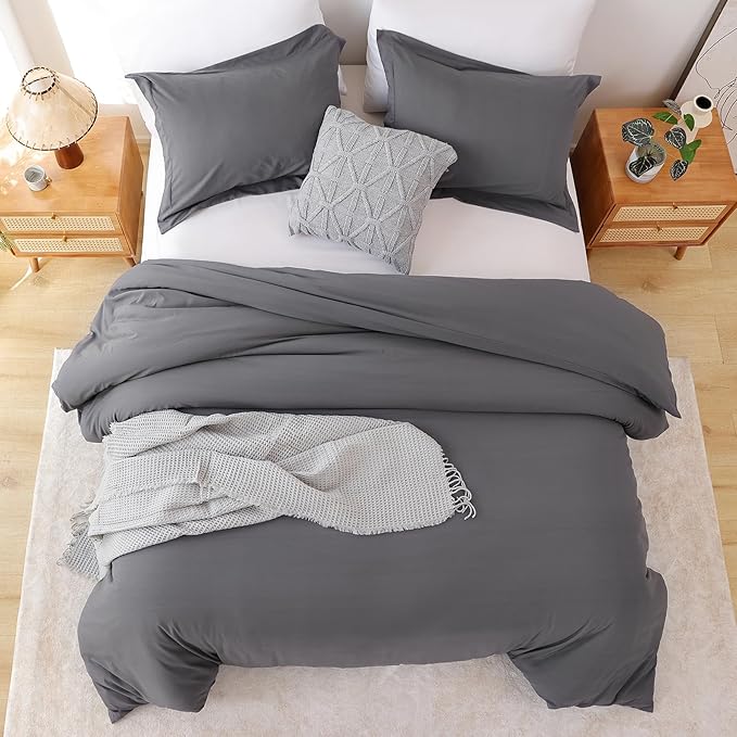 Whitney Home Textile Dark Grey Duvet Cover Set Queen Size - 3 Piece Luxury Soft Cooling Duvet Cover with Zipper Closure and Pillow Sham, Breathable Washed Brushed Microfiber, Comforter Not Included