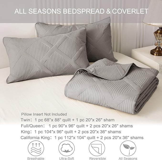 Exclusivo Mezcla Quilts Queen Size - Light Grey Quilt Set Bedspread with 2 Pillow Shams, Modern Bedding Set with Striped Pattern, Soft Lightweight Bedspreads Queen Size for All Seasons