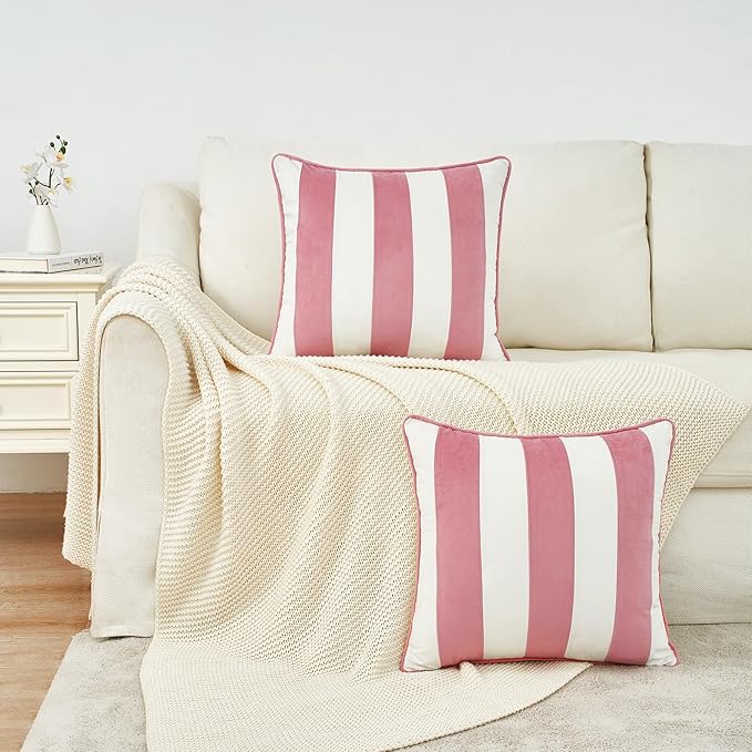 MONDAY MOOSE Decorative Throw Pillow Covers Cushion Cases, Set of 2 Soft Velvet Striped Piping Edge Designs, Pillow Inserts Not Included (18x18 inch, Light Pink/White)