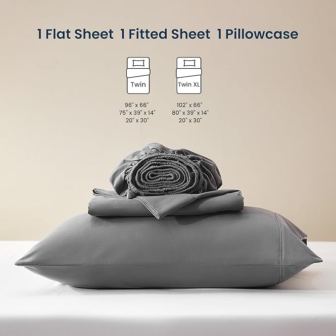 SLEEP ZONE Nanotex Super Soft Cooling Twin Bed Sheets Set for Kids 3 Piece - Easy Care Fitted Flat Sheet & Pillowcase Sets - Wrinkle Free, Fade Resistant, Deep Pocket 16" (Gull Gray, Twin)