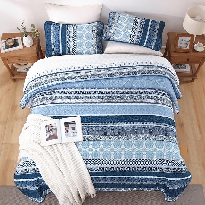 WONGS BEDDING Boho Quilt Set King Size, Navy Blue Bohemian 3 Pieces Quilt Sets, Lightweight Microfiber Bedspread Coverlet Bedding Set for All Season (104"x90")