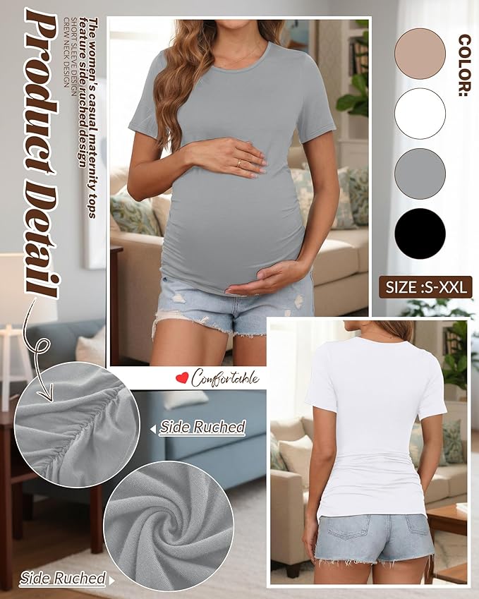 Huukeay 4 Pack Women's Maternity Shirts, Crew Neck Maternity Top Short Sleeve Casual Cotton Tee Side Ruched Pregnancy Clothes