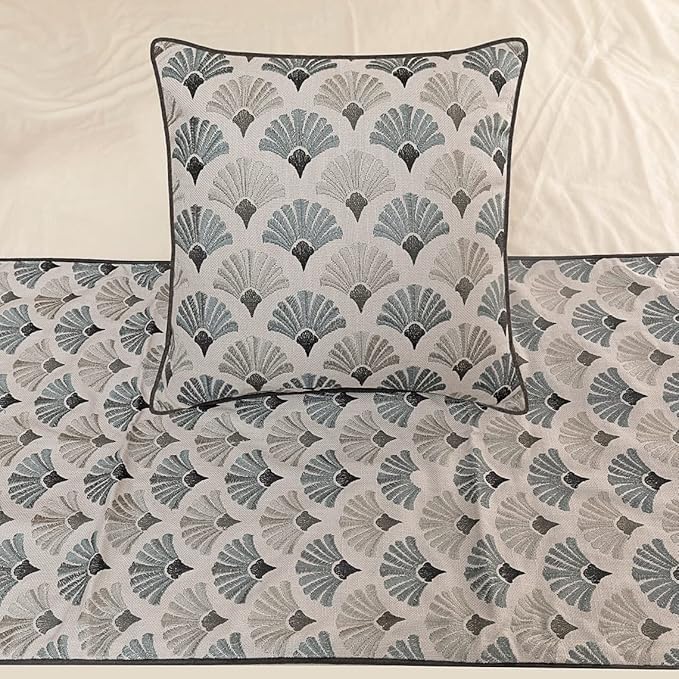 The HomeCentric King Queen Twin Blue & Grey Designer Full 68"x18" Bed Runner with Pillow Cover, Floral Embroidery Bed Scarf on Cotton Fabric - Flourish Bloom