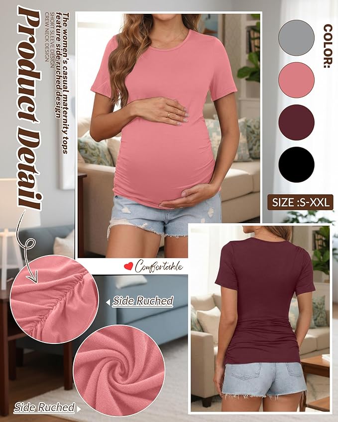Huukeay 4 Pack Women's Maternity Shirts, Crew Neck Maternity Top Short Sleeve Casual Cotton Tee Side Ruched Pregnancy Clothes
