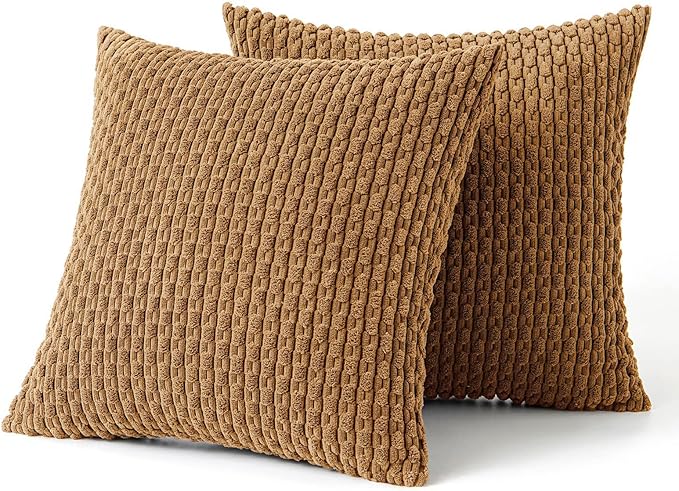 MIULEE Pack of 2 Decorative Throw Pillow Covers 20x20 Inch Soft Boho Striped Textured Corduroy Pillow Covers Modern Farmhouse Home Decor for Couch Bed Sofa Living Room Light Coffee