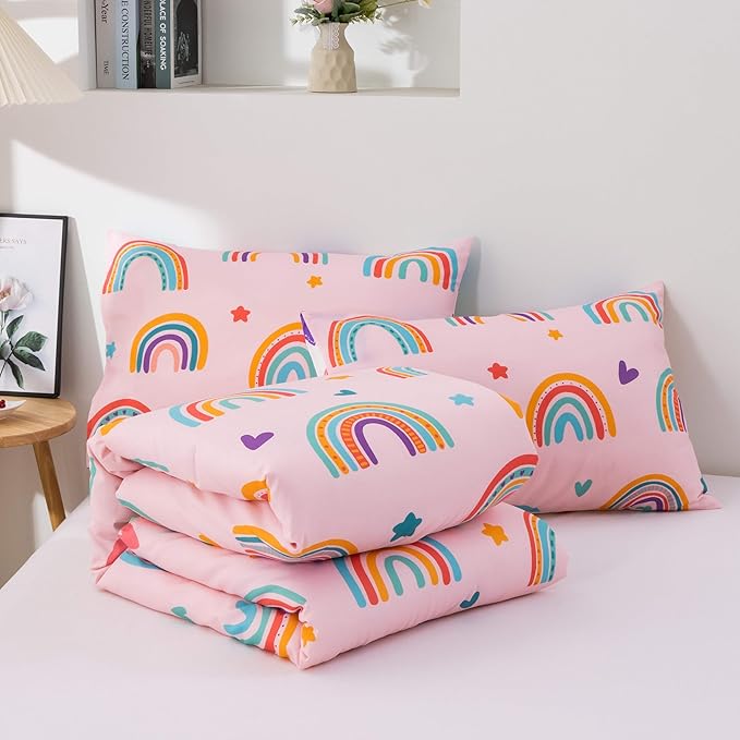 Btargot Lightweight Soft 3 Piece Rainbow Comforter Set with 2 Pillow Covers, Cartoon Love Hearts Flowers and Sun Moon Star Bedding Set for Girls Boys Kids, Full Blush