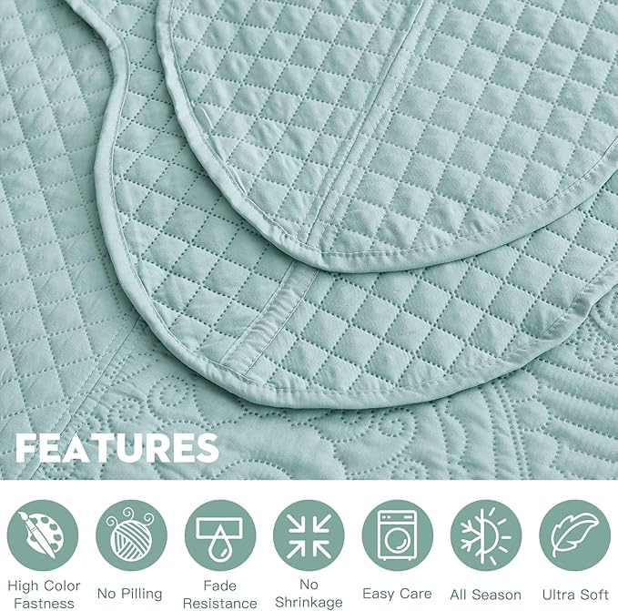 HZ & HY Oversized King Bedspread 138x122 Extra Wide, Ultrasonic Coverlet Bedding Set, Lightweight Thin Comforter, Reversible, 5 Piece, 100% Microfiber, California/Alaskan King, Seaglass