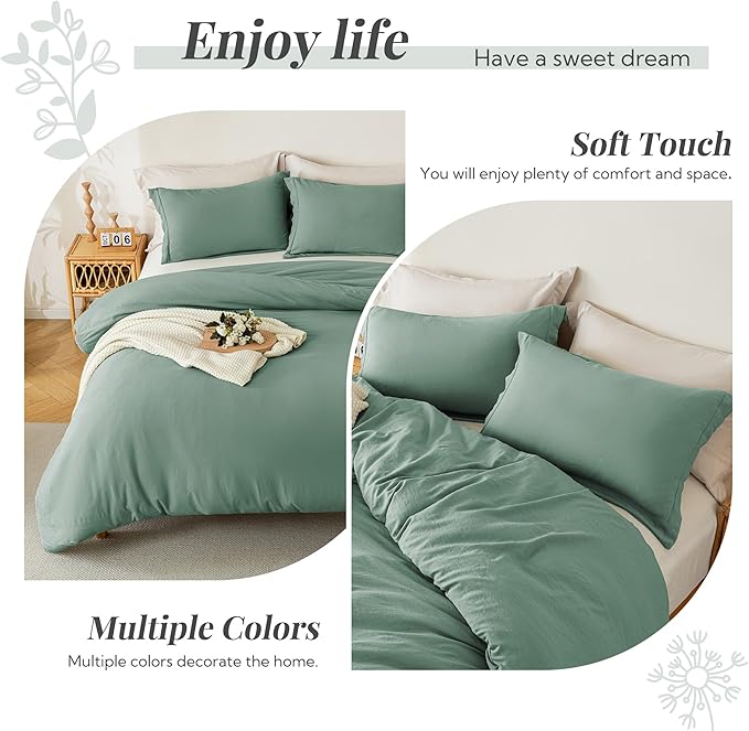 MILDLY Super Soft Duvet Cover - 100% Washed Microfiber Sage Green Comforter Cover Set 3 Pieces with Zipper Closure & Corner Ties (No Comforter)