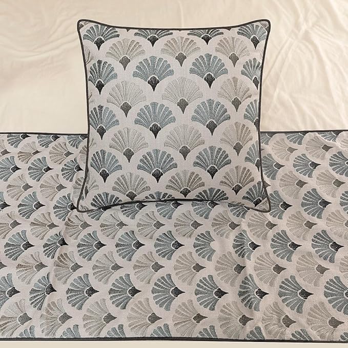The HomeCentric King Queen Twin Blue & Grey Designer Queen 74"x18" Bed Runner with 2 Pillow Cover, Floral Embroidery Bed Scarf on Cotton Fabric - Flourish Bloom
